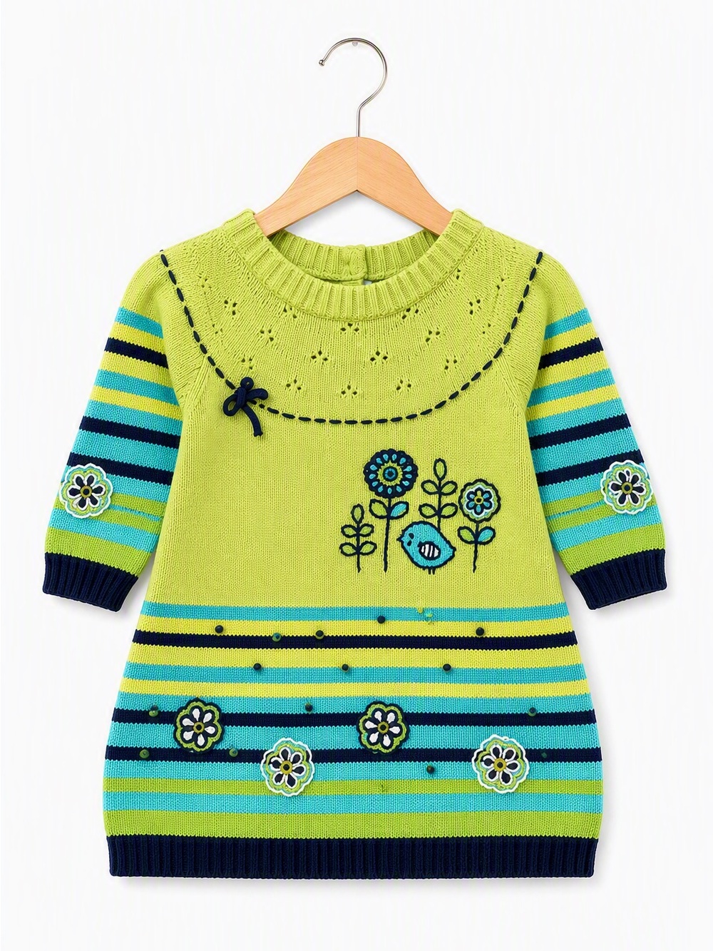 ⭒ 18-24M Gusti Unique Knit Dress Floral Embroidered Long Sleeves with Bird ⭒
